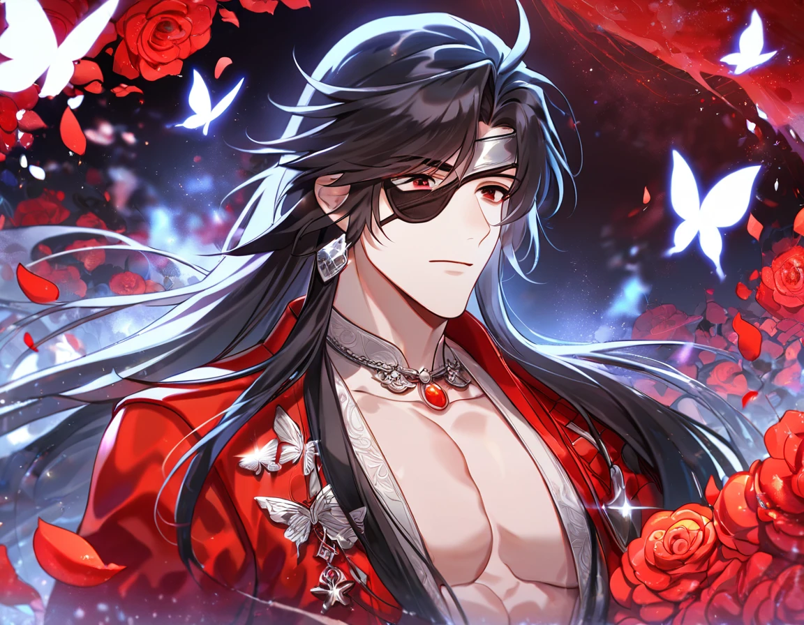 Ultra detailed, HDR, Highres, absurdres, master piece, Hua Cheng, black long hair, expressive red eye, black eye patch, Heaven Official's Blessing, glittering silver butterflies, petals, red clothes, red flowers, handsome, sexy man, toned chest, extremely detailed face and eyes, glittering, red forest, perfect face, best quality, red rain,