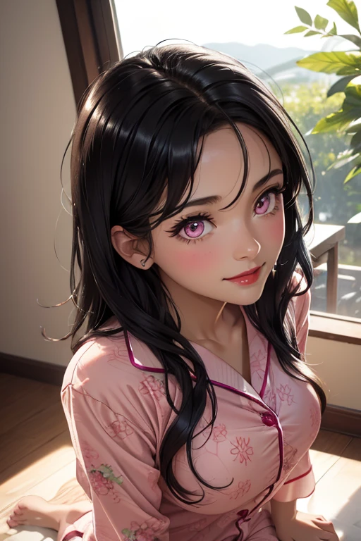 Masterpiece, best quality, 8K Wallpaper, ultra-detailed, HDR, Octane Rendering, expansive landscape photography. A girl, Nezuko Kamado, indoors, wearing pink pajamas, (open pajamas: 1.2), view from below, dynamic pose, sensualizing, intricate detail, detailed scenery, the girl has, (messy medium hair, shiny black hair: 1.4 ), (beautiful and detailed pink eyes: 1.3), (red lips, smiling), Blushing, embarrassed expression, (beautiful and detailed face with perfect symmetry), (body with perfect anatomy, perfect natural texture, high details, glowing skin ), (warm light source: 1.2), Volumetric lighting, vibrant colors, detailed illustration, depth of field.