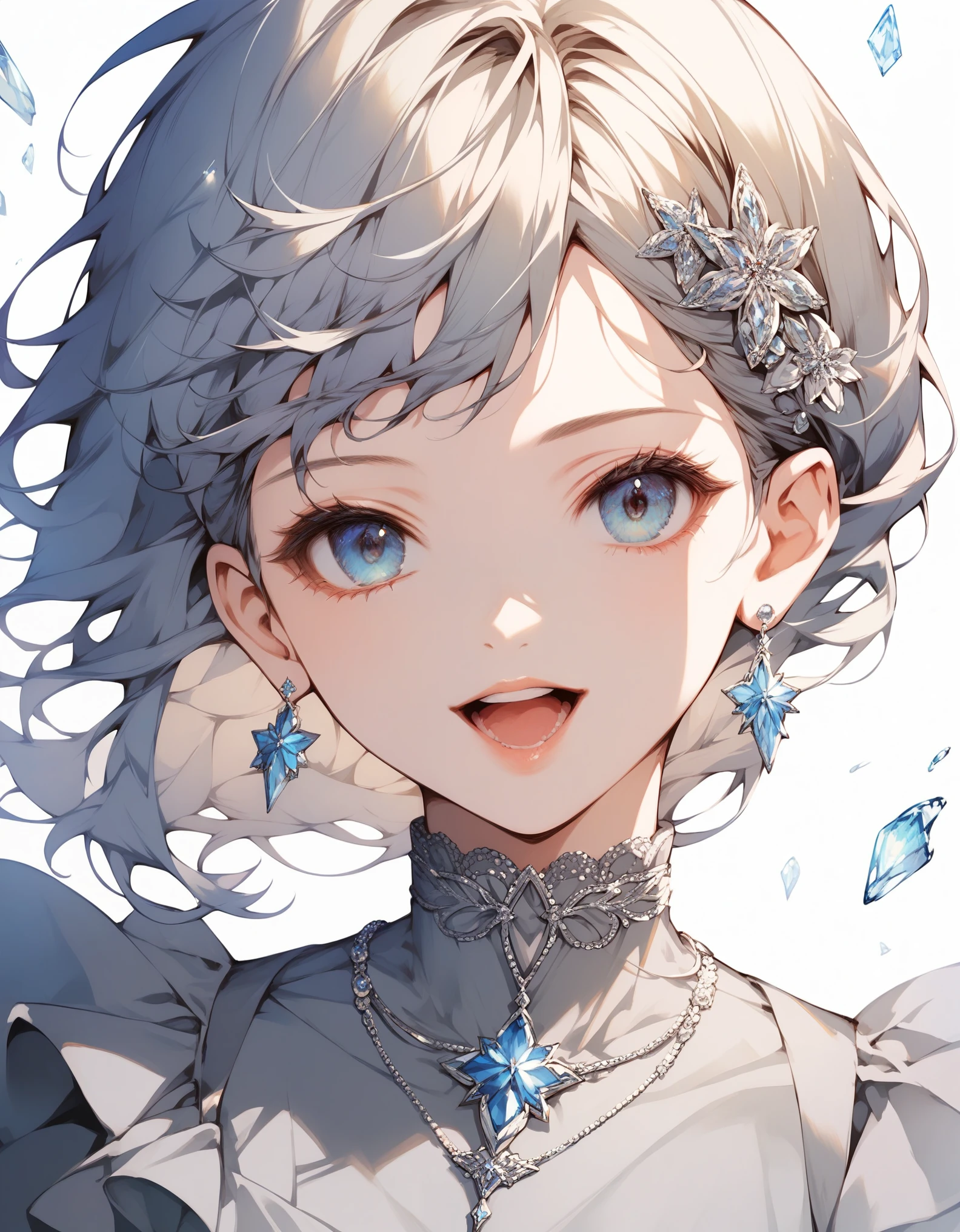 (score_9:0.9),score_8_up,score_7_up,anime style,rating_safe,(zPDXL),Electra,grey dress,1girl,solo,looking at viewer,portrait,open mouth,close-up,