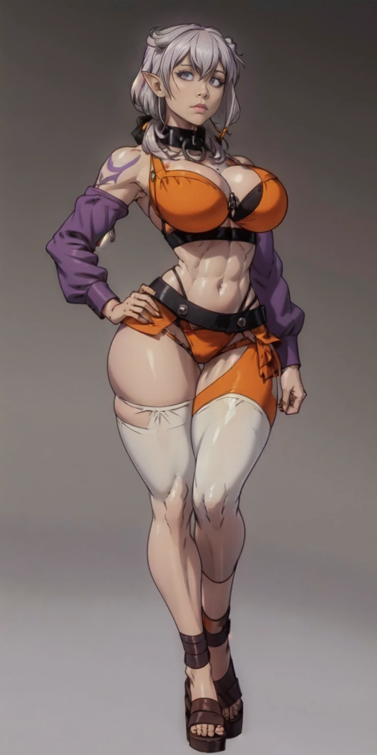 (Masterpiece, grey background:1.2) full body standing straight symmetrical looking to the viewer, view from below, far shot, cow boy shot, purple skin, drow, elf, 1girl, mature, purple eyes, pinched eyes, short silver white hair cut (yellow tiger bikini print long sleeves and long stockings) abs, navel, big knockers, tatter rags, leather choker, chain collar, stomach tattoo (red tattoo) hands on hips, wide hips, thick thighs, metal sandals