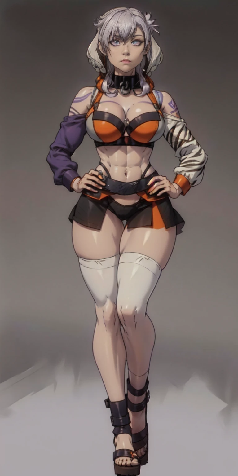 (Masterpiece, grey background:1.2) full body standing straight symmetrical looking to the viewer, view from below, far shot, cow boy shot, purple skin, drow, elf, 1girl, mature, purple eyes, pinched eyes, short silver white hair cut (yellow tiger bikini print long sleeves and long stockings) abs, navel, big knockers, tatter rags, leather choker, chain collar, stomach tattoo (red tattoo) hands on hips, wide hips, thick thighs, metal sandals