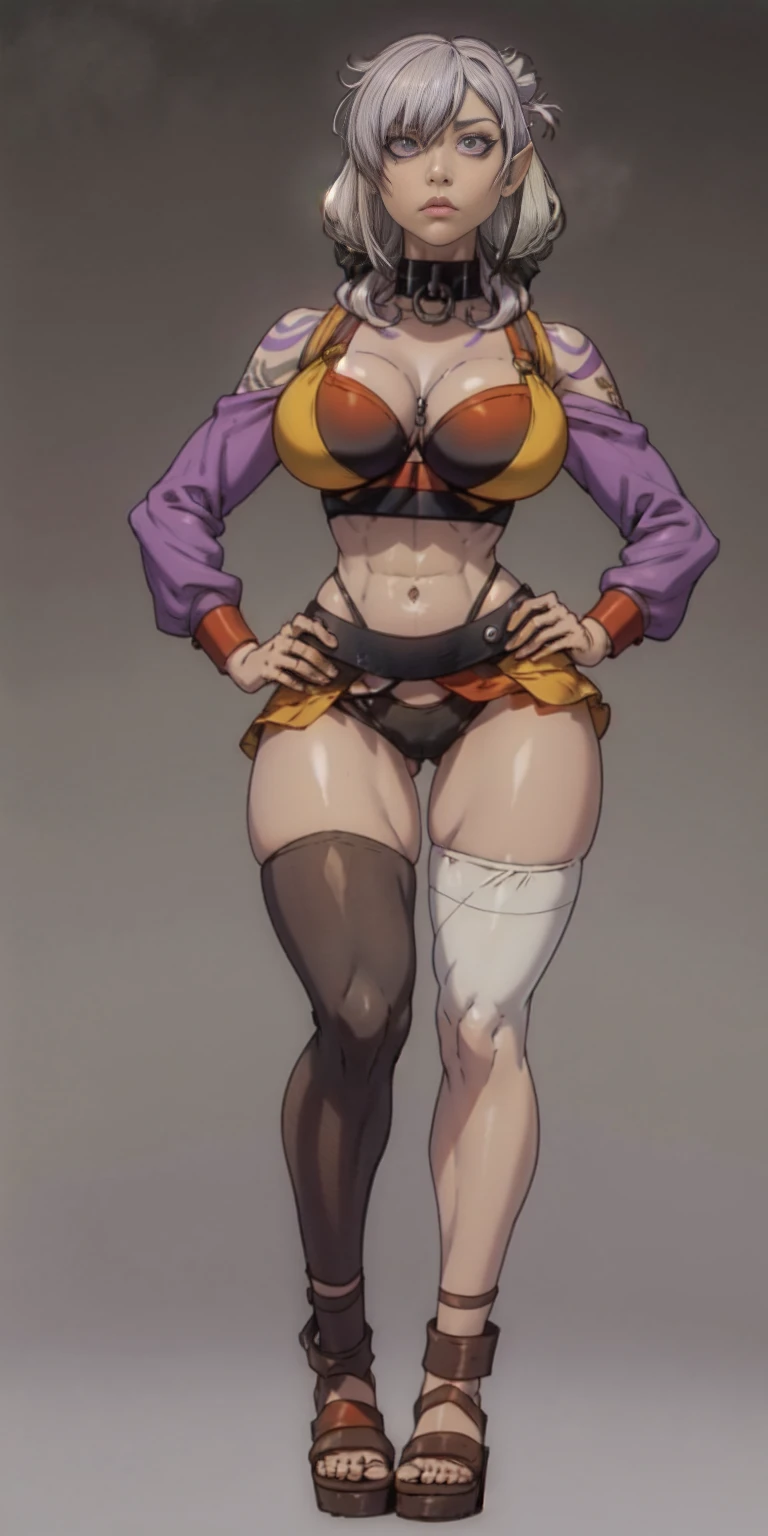 (Masterpiece, grey background:1.2) full body standing straight symmetrical looking to the viewer, view from below, far shot, cow boy shot, purple skin, drow, elf, 1girl, mature, purple eyes, pinched eyes, short silver white hair cut (yellow tiger bikini print long sleeves and long stockings) abs, navel, big knockers, tatter rags, leather choker, chain collar, stomach tattoo (red tattoo) hands on hips, wide hips, thick thighs, metal sandals