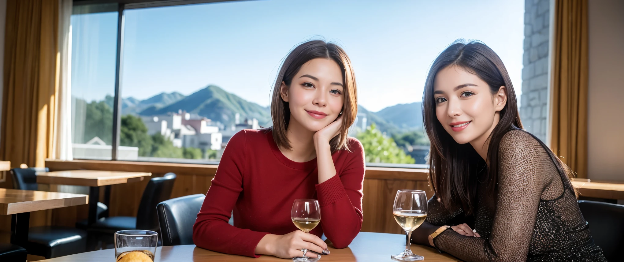 ((highest quality、8k、masterpiece:1.3))、1 male、1 female、Couple、spouse、Couple、Slim body、((Bob Hale、Straight hair:1.2)), (Realistic, Intricate details:1.2), Wine glass on the table、Shine light on your face、 Amazing view of the sunset sky and clouds、Amazing mountain views、A bright smile、The wonderfulness of smile、Bright image、The beauty of wine, Beautiful Face, blue eyes, The light shines on your face, Blushing, short hair,Bright Face、 (Age 37), 39 years old, red wine 、Appetizers、Italian food、Wine bottle、Champagne、sparkling wine、Two beauties、Brown Hair、Shortcuts、Long sleeve shirt、dress、Pretty Woman 1, (Slim face), (The body is slim), (Brown Hair), (Shortcuts), cheeks turn a little red,Attractive beauty、restaurant, In a prominent place (From the waist up) Nova Frog Style, actress, model, Upper Body, White wine, slim, wine glass, Wine glass placed in the center, smile, (smile: 1.15), Beautiful fine grain, Depth f/2,saturation, High Contrast, Strong light and shadow,Moist Body:1.5、3D texture、Delicate eyes、Brown Hair、The hair is very shiny、