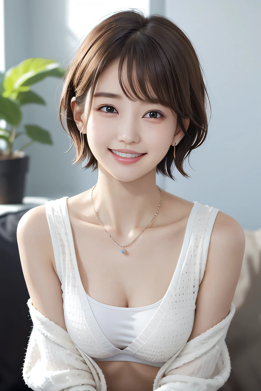 205 ((short hair)), 20-year-old female, In underwear、cardigan、Wear it on your shoulder、Sleeves are not in place、Dark eyeliner、 A refreshing smile、Beautiful teeth alignment、、Dark brown hair、ear piercing、Necklace around the neck、Looking into the camera
