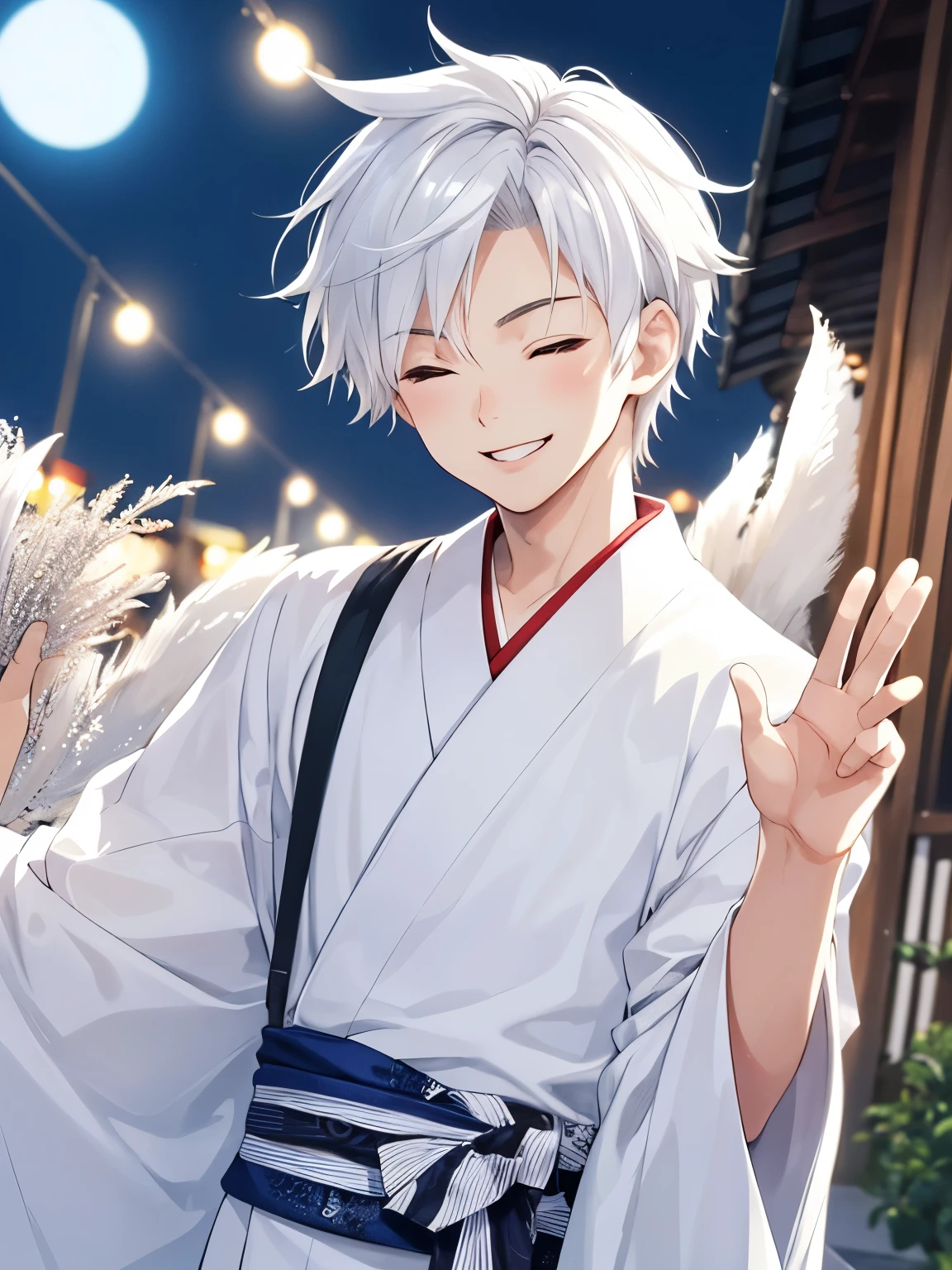 1boy,Standing,cool style,side parted hair,18 years old,Stand up, wave hands, eyes closed,smile,wearing white kimono, at night,close up photo,handsome,side parted hair,short hair, straight hair, white hair, vampire, ultra detailed, ultra HD