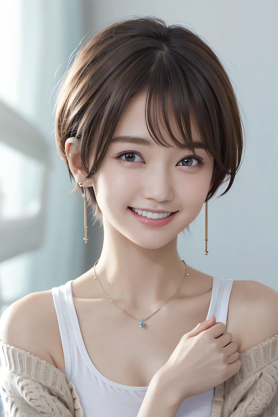 205 ((short hair)), 20-year-old female, In underwear、cardigan、Wear it on your shoulder、Sleeves are not in place、Dark eyeliner、 A refreshing smile、Beautiful teeth alignment、、Dark brown hair、ear piercing、Necklace around the neck、Looking into the camera
