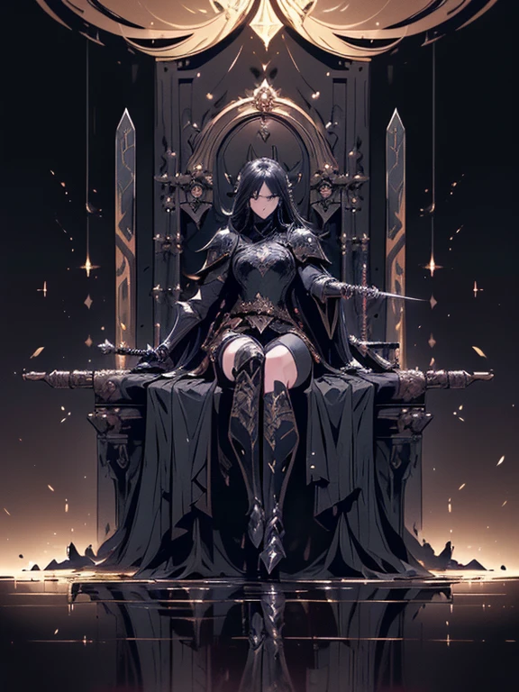 Design a layout showcase Gaming character, (1girl). Black+Gold clothes, opulent and dark, ((showcase weapon:1.4)), cursed blade, (masterpiece:1.2), (best quality), 4k, ultra-detailed, (Step by step design, layout art:1.5), (gloomy lighting, cursed atmosphere), dark knight, ((cursed gloves)), (((revealing armor:1.3))), dark vambraces, cursed boots, (((full_body_shot:1.4)))