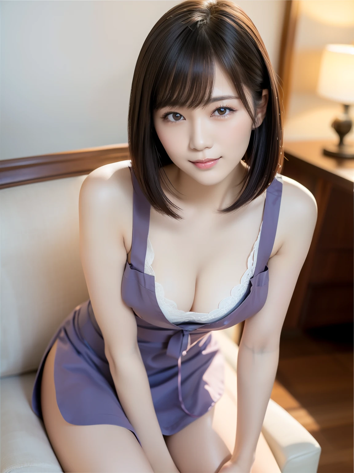 (Best quality: 1.5), (Real: 1.5), (1 person: 1.5), (masterpiece), full body, (Highly detailed), (High resolution), 8k, (slightly saggy and medium breasts), Natural colored lips, Japanese woman, 24 old girl, thin eyebrows, beautiful and elegant face, cute face, arched thin eyebrows, (big eyes with a good balance between the left and right sides), cute eyes, beautiful eyes, beautiful thin nose, beautiful face line, fair skin, beautiful and graceful features, natural bangs, beautiful and thin nose, beautiful skin , medium bob hair, natural bangs, perfect and beautiful facial features, slim face and figure, (bright lighting), professional lighting, (frontal lighting), beautiful cleavage, 1 girl, cute and sexy 24 old woman, slim Japanese woman, fair skin, (cute smile), Wearing a naked apron, (naked apron), (naked and wearing only an apron), Beautiful breasts, sit on a luxurious sofa in the living room, side tie panties, 