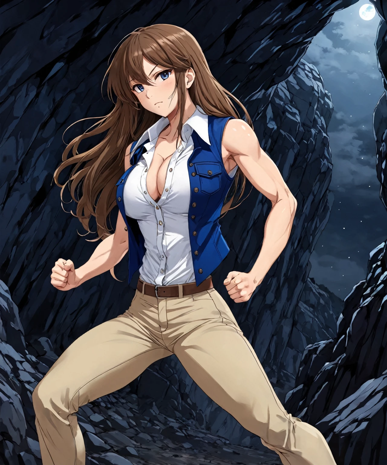 beautiful sexy anime girl with long brown hair & a muscular body, clenching her fists, fight idle pose, wearing white sleeveless button up collared shirt with a blue vest over it & beige khaki pants, inside of a dark cave in a dark night sky, 1girl