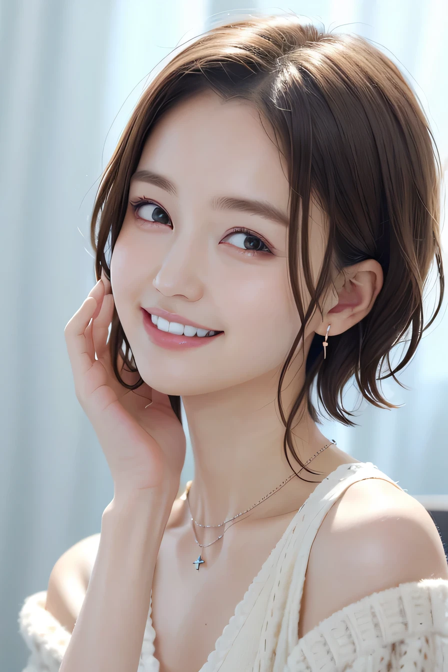 205 ((short hair)), 20-year-old female, In underwear、cardigan、Wear it on your shoulder、Sleeves are not in place、Dark eyeliner、 A refreshing smile、Beautiful teeth alignment、、Dark brown hair、ear piercing、Necklace around the neck、Looking into the camera

