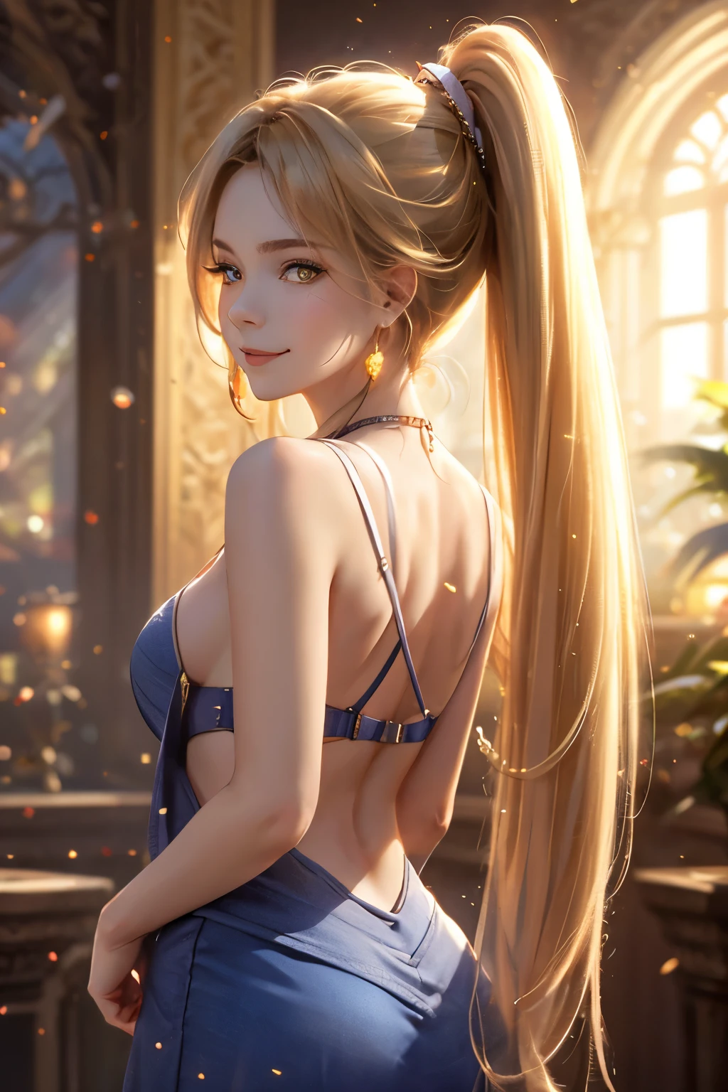 背景はBokeh味, Focus on the subject, Blonde, Front Ponytail, Eye Reflexes, Red contact lenses, Pink Eyes, Heterochromia iridis，Put on earrings, Wicked Smile, Attention to detail, Romanticism, Written boundary depth, Shine, Ray Tracing, Viewfinder, Zoom Layer, close, Bokeh, Anatomically correct, Attention to details, 1080p, Ultra Hi-Vision
woman, High Ponytail, Casual clothing, The expression is solemn, reflected light, Vibrant colors，Detailed engraving，Shine brightly，Attention to detail，The jewelry is of high quality，Very high quality, Angle from behind