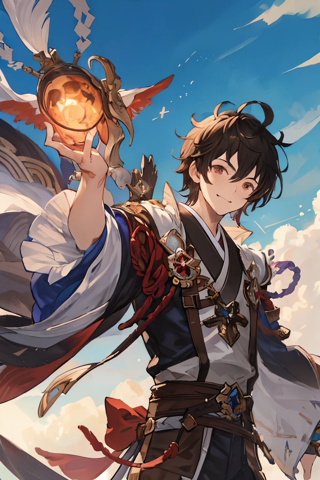 Masterpiece, Best Quality, Ultra-Detailed, 1man, man, mature man, adult man, 20 years old man, black hair, dark hair, short hair, brown eyes, dark brown eyes, small eyes, asiatic eyes, japanese eyes, high fantasy japanese clothes, high fantasy kimono, looking at you, happy expression, smiling, granblue fantasy style clothes, granblue fantasy clothes style, high fantasy castle background, high fantasy clothes