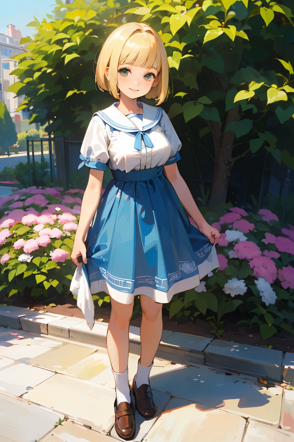 (high quality, High resolution, Very detailed, reality:1.37), Peaceful atmosphere, (Outdoor, garden), Teenage girl standing alone, (my breasts are big.), Beautiful details, Cute Smile, (Blonde Bob Hair), Blue short-sleeved dress, White socks, loafers.