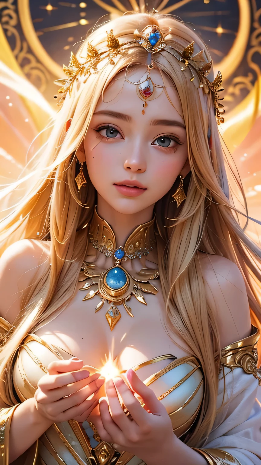 "Maiden of the Sun": Within a sacred sanctuary bathed in sunlight, depict the figure of a sun goddess, facing forward and emanating divine radiance, with golden hair, as she gazes towards us. Zoom in to focus on her face, with light orbs gleaming in her hands, representing the life-giving power of the sun. The background should be predominantly pink, evoking a sense of divine splendor. The setting is in heaven, enveloped in soft, bright light, where one can find tranquility and peace of mind, free from any trace of anxiety. Additionally, the light emanating from her hands should take the form of radiant hearts, resting gently on the palm of her hands.