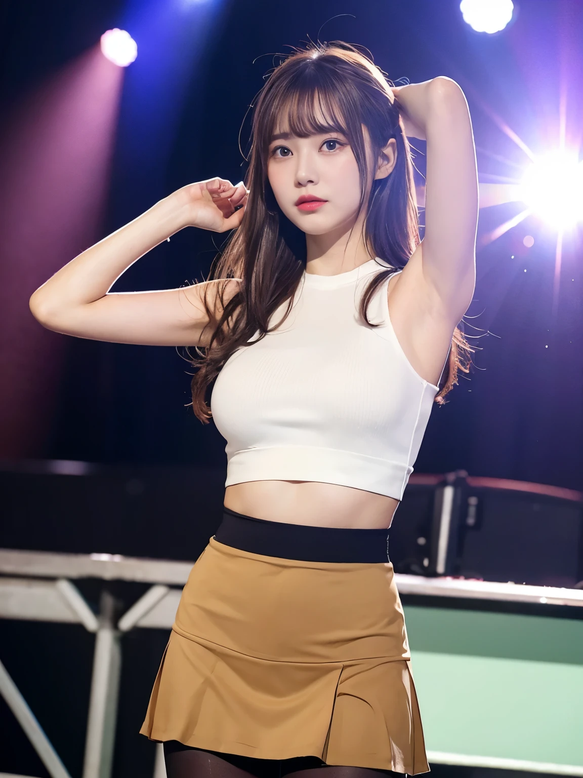 masterpiece、Flat Color、Depth of written boundary、Lens Flare 1 Girl、Brown Hair、Staring at the audience、Big Breasts、 Armpit sweat sweating Sides of both hands wall: sight mini skirt、Black Pantyhose