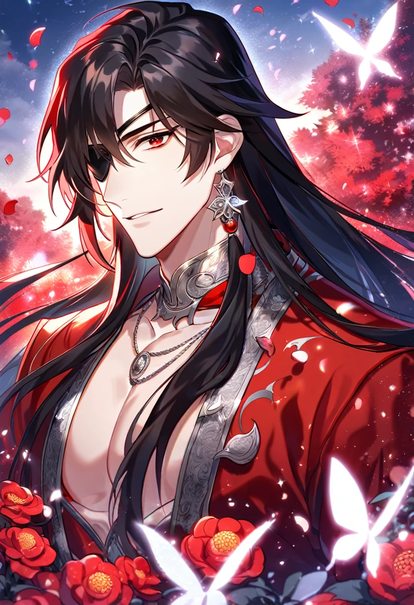 Ultra detailed, HDR, Highres, absurdres, master piece, Hua Cheng, black long hair, expressive red eye, black eye patch, Heaven Official's Blessing, glittering silver butterflies, petals, red clothes, red flowers, handsome, sexy man, toned chest, extremely detailed face and eyes, glittering, red forest, perfect face, best quality, red rain, happy