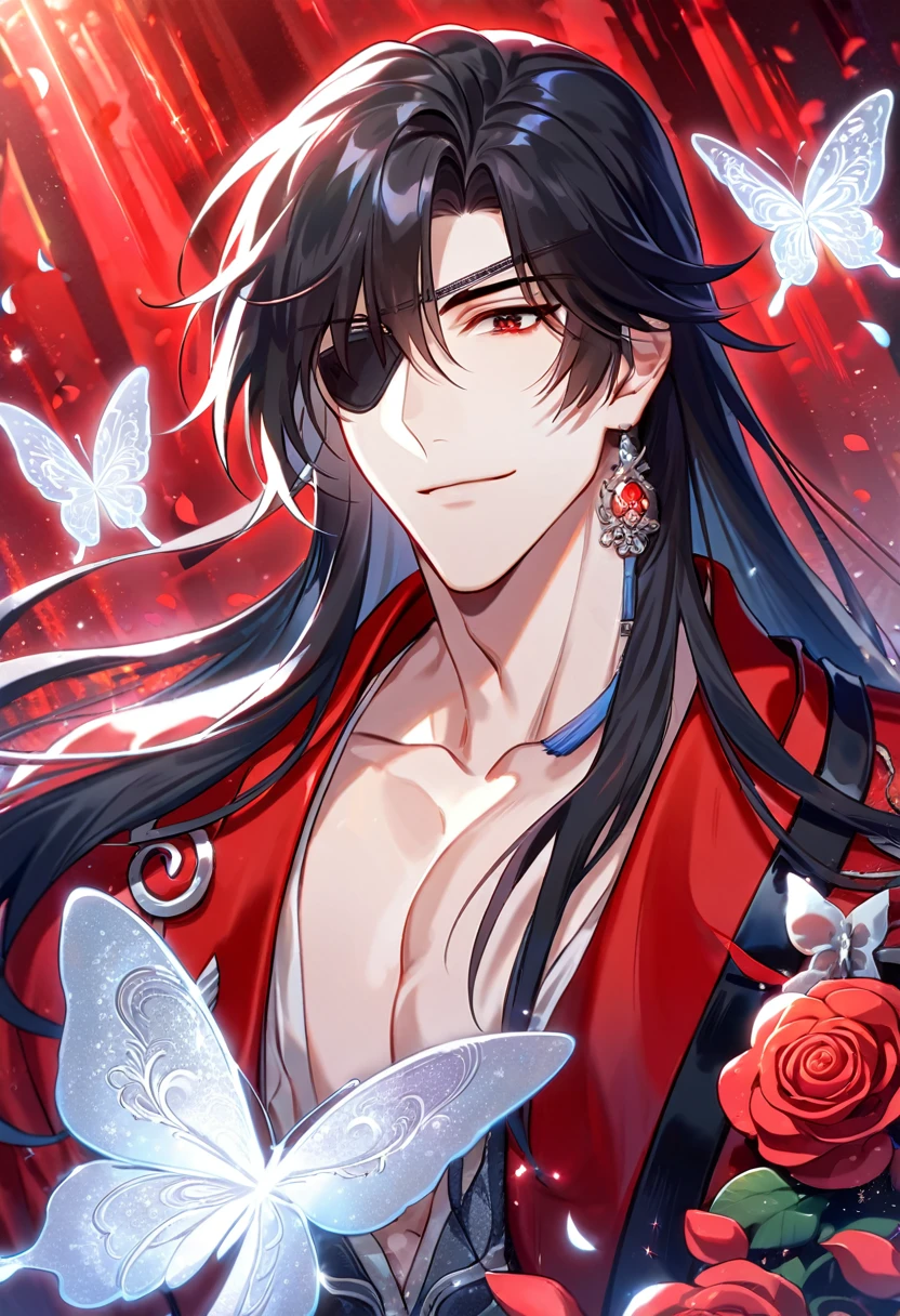 Ultra detailed, HDR, Highres, absurdres, master piece, Hua Cheng, black long hair, expressive red eye, black eye patch, Heaven Official's Blessing, glittering silver butterflies, petals, red clothes, red flowers, handsome, sexy man, toned chest, extremely detailed face and eyes, glittering, red forest, perfect face, best quality, red rain, happy