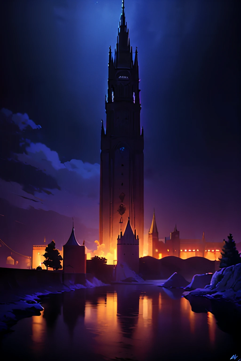 Majestic Castle, Shrouded in Darkness of the Night, Moonlight Dancing on the Castle Walls, A Scene of Dramatic Serenity, Top-Quality 8K Wallpaper, Ultra-Realistic 8KCG, Perfect Artwork, The Perfect Scene, Dark Shadows Cast by the Moon, Spot Light Illuminating the Castle, Perfect Lit Scene, Detailed Light Reflections, (1 Castle in), (Stone Facade, Towering Walls), (Strong, Gothic Architecture), (Bathed in Moonlight: 1.2), (Moat with Reflecting Water), (Tall, Thin Towers), (Ar