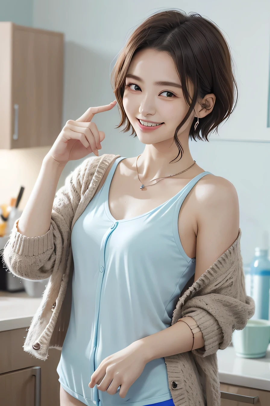 205 ((short hair)), 20-year-old female, In underwear、Put a cardigan over your shoulders、 A refreshing smile、Beautiful teeth alignment、Dark eyeliner、Dark brown hair、ear piercing、Necklace around the neck、Looking at the camera