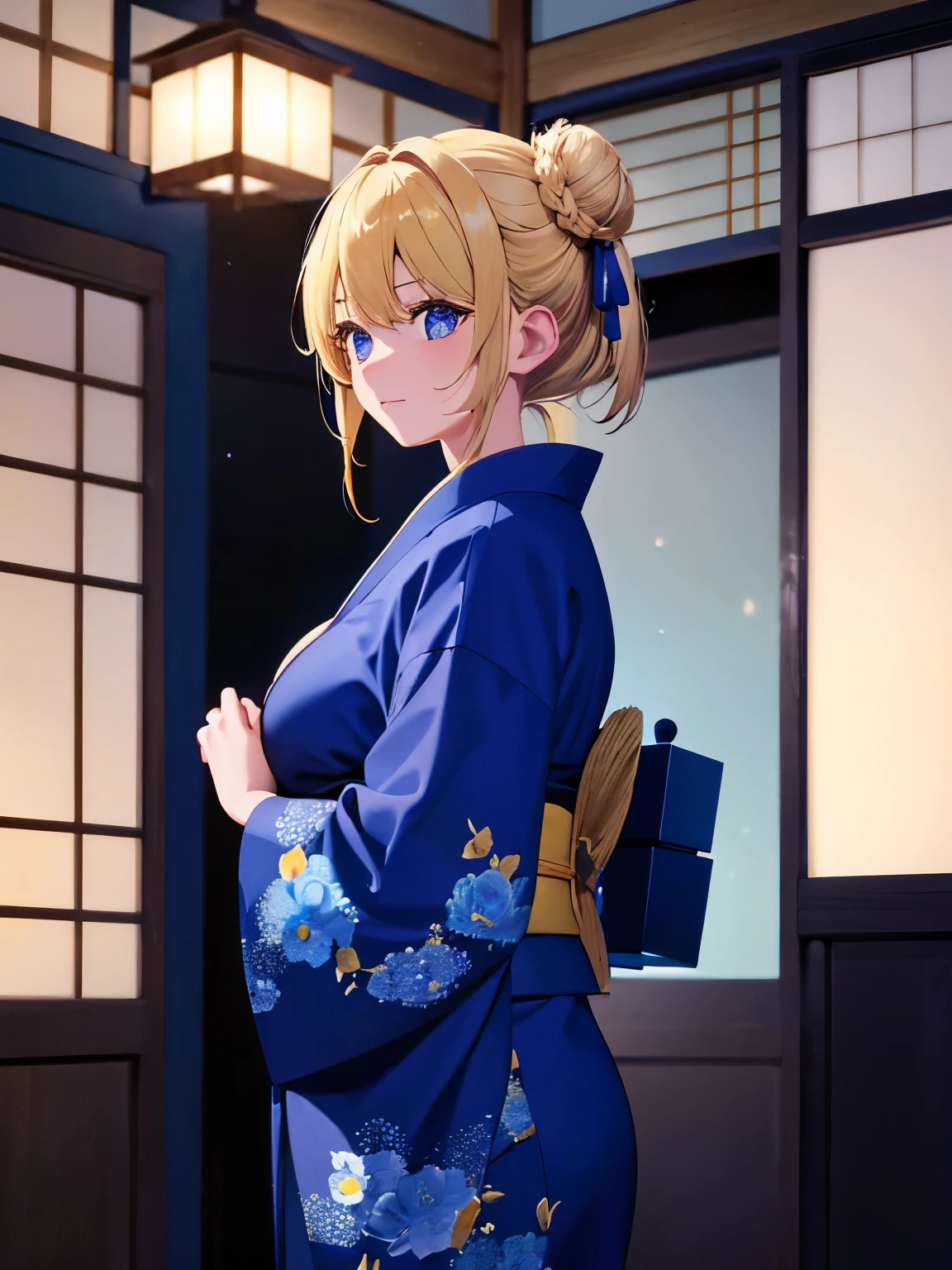 1woman,Standing, in Japanese house, night, stunning,close up photo, very detailed face,cute,,HD face, perfect face, blue kimono,short kimono, cleavage visible,Very big breasts,Blue flowers on the head,Blonde hair,blonde hair,bangs,hair in bun,one bun,Hair in a bun,ultra detail,ultra Hd, masterpiece,4k