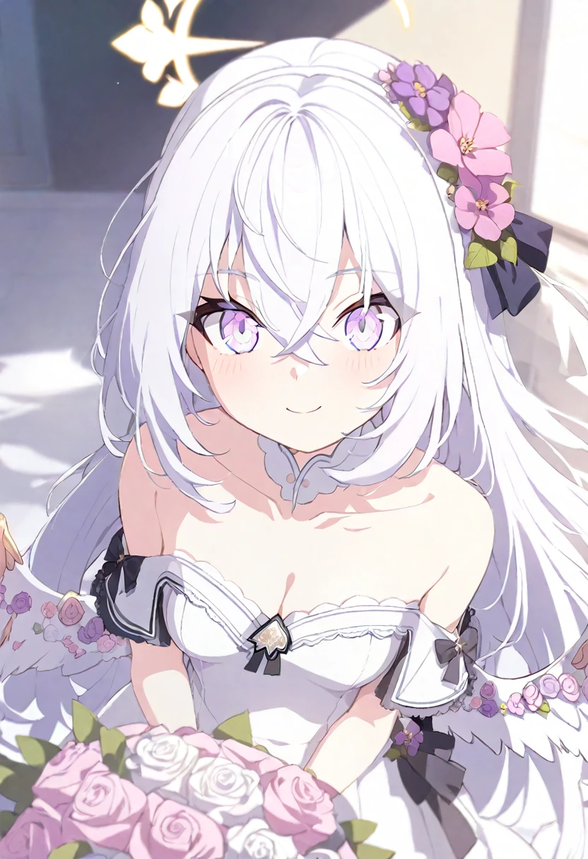 azusa \(blue archive\),1girl 1other alternate_costume angel_wings bare_shoulders blush bouquet breasts bridal_veil bride cleavage closed_mouth collarbone dress feathered_wings flower hair_between_eyes halo holding holding_bouquet jewelry long_hair looking_at_viewer medium_breasts necklace out_of_frame pink_flower pink_rose pov pov_hands purple_eyes rose solo_focus strapless strapless_dress veil very_long_hair wedding_dress white_dress white_flower white_hair white_rose white_wings wings small_breasts smile