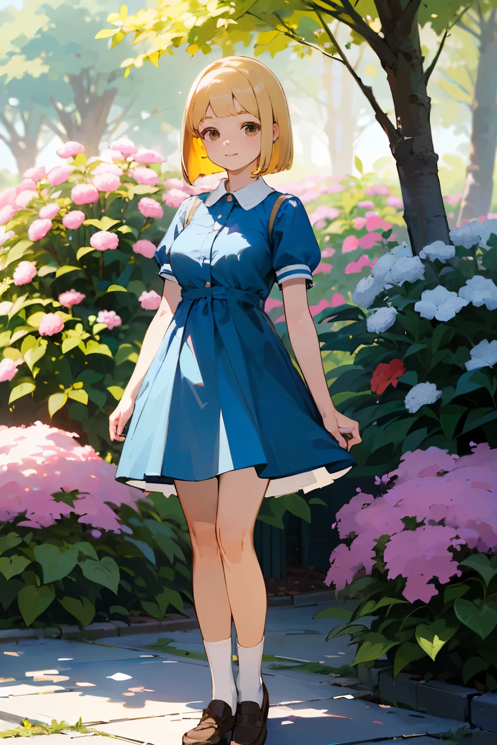 (high quality, High resolution, Very detailed, reality:1.37), Peaceful atmosphere, (Outdoor, garden), Teenage girl standing alone, (my breasts are big.), Beautiful details, Cute Smile, (Blonde Bob Hair), Blue short-sleeved dress, White socks, loafers.