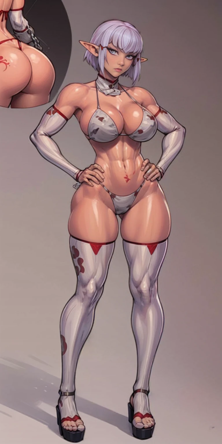 (Masterpiece, grey background:1.2) full body standing straight symmetrical looking to the viewer, view from below, far shot, cow boy shot, purple skin, drow, elf, 1girl, mature, purple eyes, pinched eyes, short silver white hair cut (yellow tiger bikini print long sleeves and long stockings) abs, navel, big knockers, tatter rags, leather choker, chain collar, stomach tattoo (red tattoo) hands on hips, wide hips, thick thighs, metal sandals