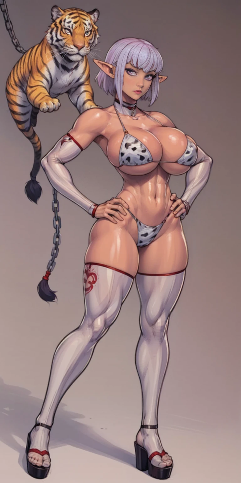 (Masterpiece, grey background:1.2) full body standing straight symmetrical looking to the viewer, view from below, far shot, cow boy shot, purple skin, drow, elf, 1girl, mature, purple eyes, pinched eyes, short silver white hair cut (yellow tiger bikini print long sleeves and long stockings) abs, navel, big knockers, tatter rags, leather choker, chain collar, stomach tattoo (red tattoo) hands on hips, wide hips, thick thighs, metal sandals