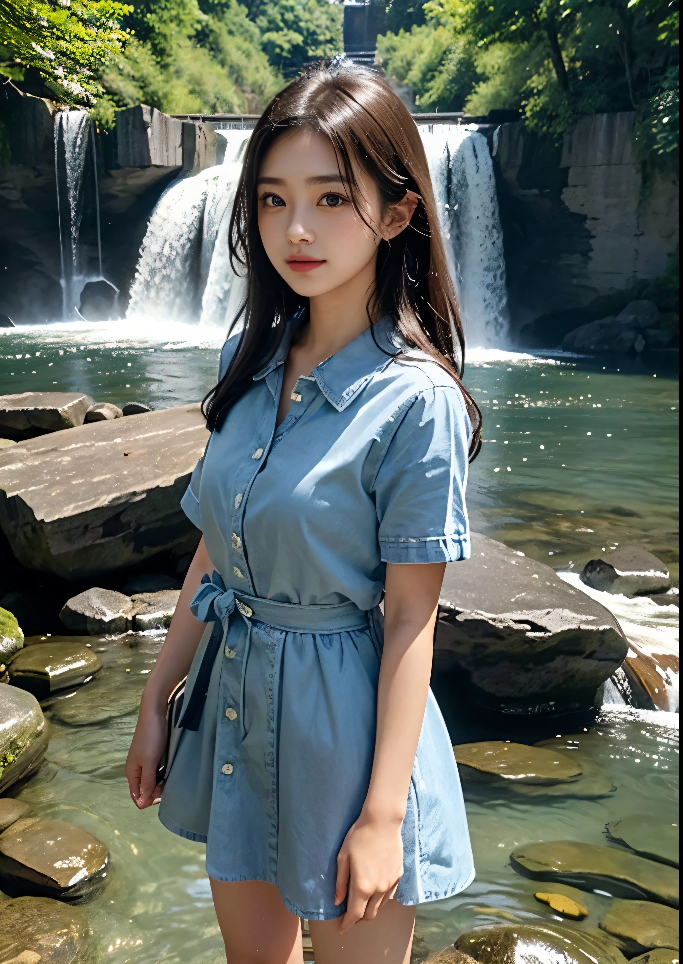 (chef d&#39;oeuvre:1.3、Quality&#39;image de haut niveau、High quality)、(Beautiful realistic Japanese person:1.3),(anatomie parfaite、De beaux membres parfaits、Belle peau、corps sain),(actrice japonaise:1.3、mignon petit:1.3)、(Y2K Raw Seaform Bande Chemise Denim Col Manches Courtes Mini Robe),Un brun、castor、18 ans、belle apparence、Pose engageante、Signes du printemps, ((debout devant les cascades de Kanakai)), (((Complete view of the Kanakai cascade))), tulip flowering plants in the&#39;eau, everywhere flowering plants in the waterfalls, photographie professionnelle、souffle du vent、Le murmure du ruisseau、Paysage serein、tendre amour、Idole joyeuse