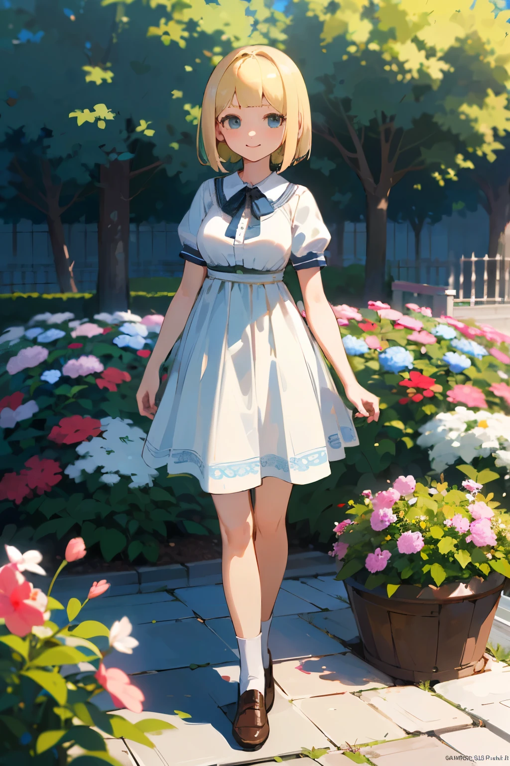 (high quality, High resolution, Very detailed, reality:1.37), Peaceful atmosphere, (Outdoor, garden), Teenage girl standing alone, (my breasts are big.), Beautiful details, Cute Smile, (Blonde Bob Hair), Blue short-sleeved dress, White socks, loafers.