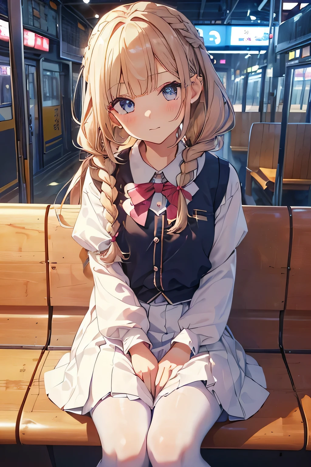 highest quality、High resolution、Detailed Background、(Beautiful face in every detail:1.4)、Anatomically correct、Hide your hands、(Detailed facial expressions)、(Detailed eyes:1.2)、(Detailed eyes:1.2)、Teenage beauty、(Highly detailed face:1.4)、Perfect body line、Cute hair colour、Braided Bob、Braided Ponytail、Braided twin tails、well-groomed eyebrows、Cute JK Uniform、White Pantyhose、Playfully hugging each other、Cute gestures、A big smile、Station platform、Cowboy Shot、 (Three beautiful girls waiting for a train on a station platform:1.5)、Lipstick in sweet colors such as pink and coral