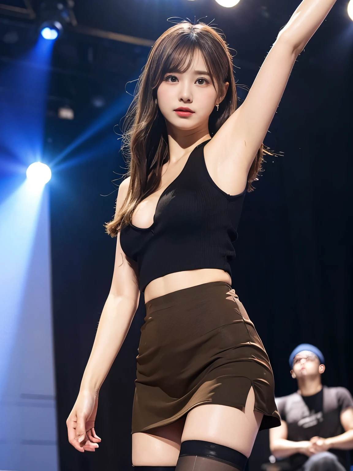 masterpiece、Flat Color、Depth of written boundary、Lens Flare 1 Girl、Brown Hair、Staring at the audience、Big Breasts、 Armpit sweat　sweating　Sides of both hands　　wall: 　 　sight 　mini skirt、Black Pantyhose