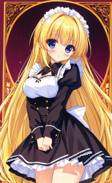 ((32k)), ((best quality)), ((ultra high res)), ((HDR)), ((UHD)), ((extremely detailed CG)), ((unity 32k wallpaper)), anime style, (), (ideal ratio body proportions), very long hair, blush, heart shaped eyes, heart shaped pupils, bangs, thighhighs, bow, jewelry, medium breasts, cleavage, curvy, maid uniform, mini skirt, (golden hair), (blue eyes), short sleeves, earrings, frills, white thighhighs, bowtie, cup, puffy short sleeves, wrist cuffs, thigh strap, detached collar, side-tie bikini bottom, thigh gap, table, single thighhigh, (bedroom), (upper body), from front, from below, 