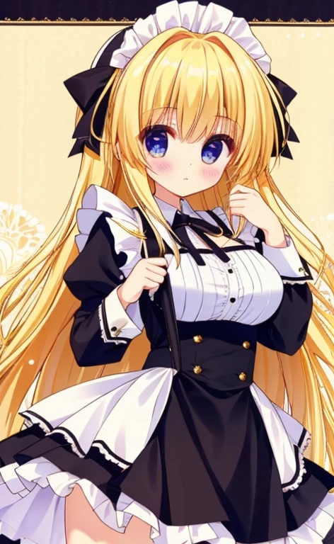 Beautiful long blonde　Girl in black maid outfit　Long sleeve　whole body　Long skirt