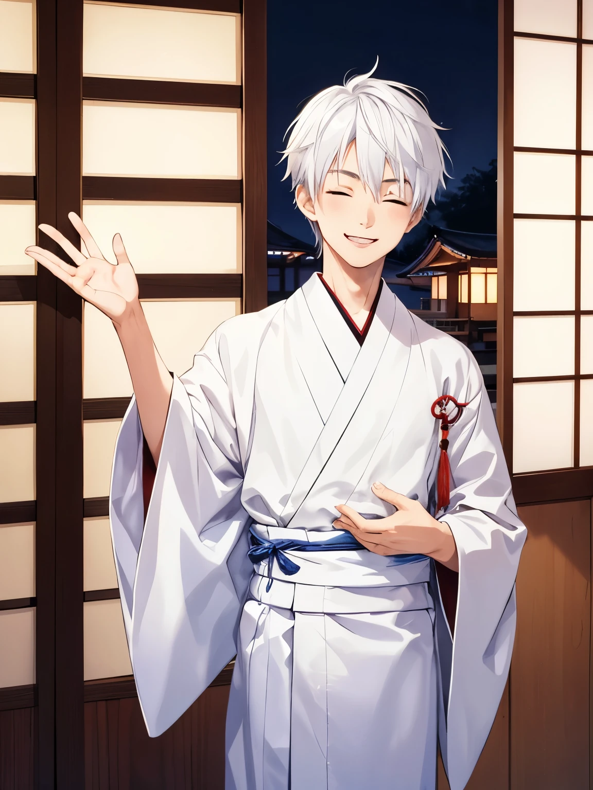1boy,Standing,Inside a Japanese house,cool style,side parted hair,18 years old,Stand up, waving hands, eyes closed,smile,wearing white kimono, at night,close up photo,handsome,side parted hair,short hair, straight hair, white hair, vampire, ultra detailed, ultra HD