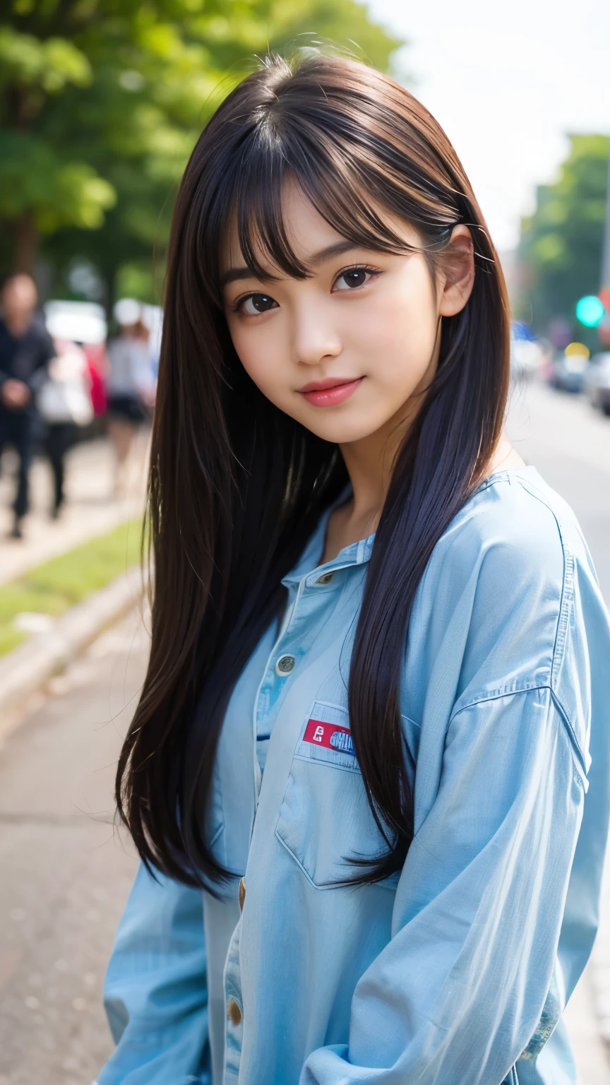 (Best-quality, Masterpiece, Ultra-High-Resolution, (Photorealistic:1.4), Raw Photo, depth of field, professional lighting, perfect anatomy, extremely details), 1girl, 15-years-old, the most famous Japanese idol, cowboy shot, at street, ((wearing the latest fashion, detailed the-latest-fashion)), (extremely cute face like the most popular Japanese idol, ((extremely cute and extremely big eyes)), extremely cute hair, extremely beautiful skins), extremely cute long-eyelashes, extremely cute lips, perfect proportion, looking at viewer, innocent smile