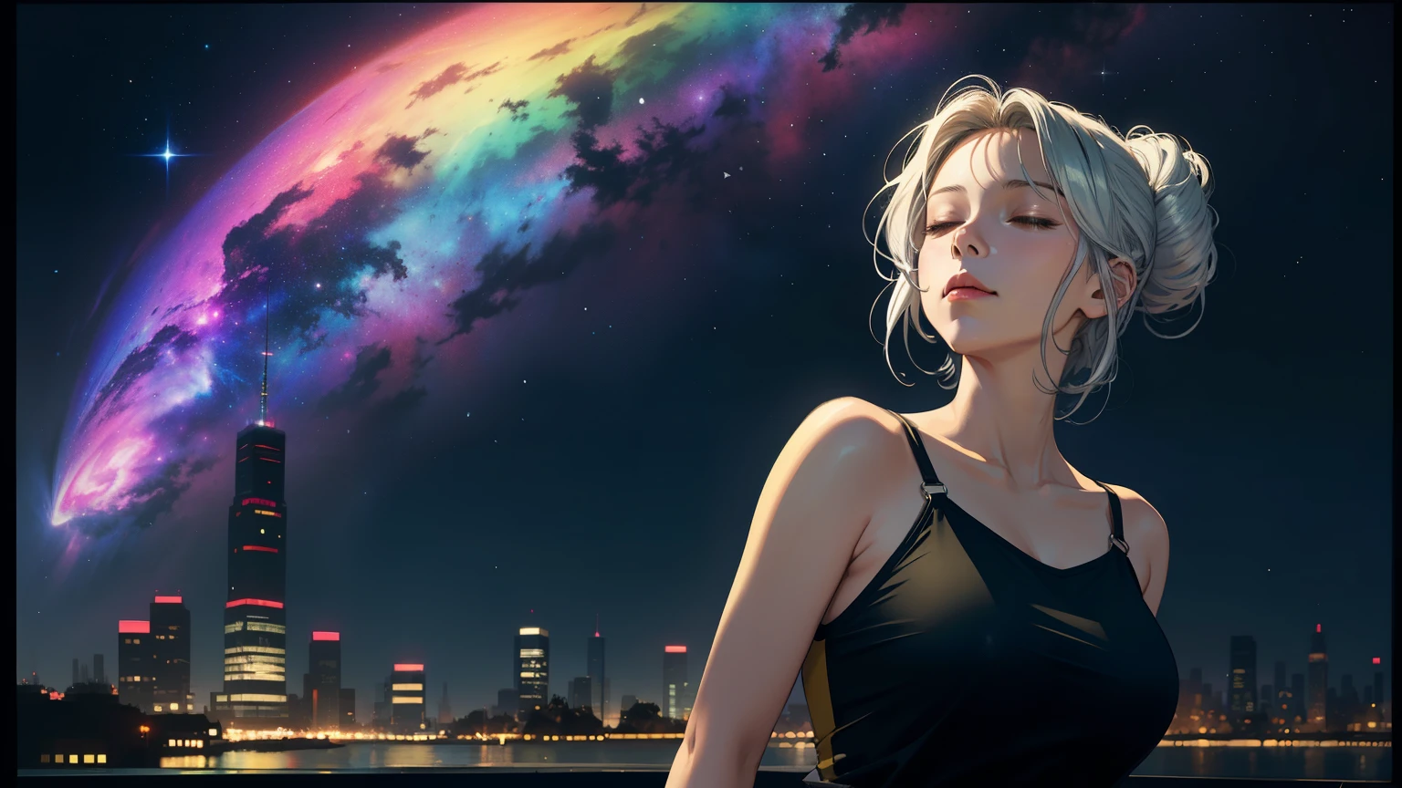 ((Masterpiece)), (UHD, Retina, Masterpiece, Accurate, Anatomically Correct, Textured Skin, Ultra Detailed, High Detailed, High Quality, Top Quality, High Resolution, 1080P, HD, 4K, 8k, 16k), anime texture, illustration, pop art, (nebula:1.3), star, starry sky, starry sky, milky way, volumetric lighting BREAK, (dynamic composition:1.4), very fine detail, colorful detail, (Rainbow Color: 1.2), (green and yellow :1.2),(Lighting Lighting, Atmosphere Lighting), Fantastic, ((Cityscape)), Super model Female, 30 Years Old Female, (Big Breasts: 1.3), Alone, ((Silver Hair)),Bun Hair,, (Looking up) ,red lips,(closed mouth:1.9),(Thin Sharp Eyebrows 1.9),((closed mouth)),((closed eyes)),upper body, ((black camisole))