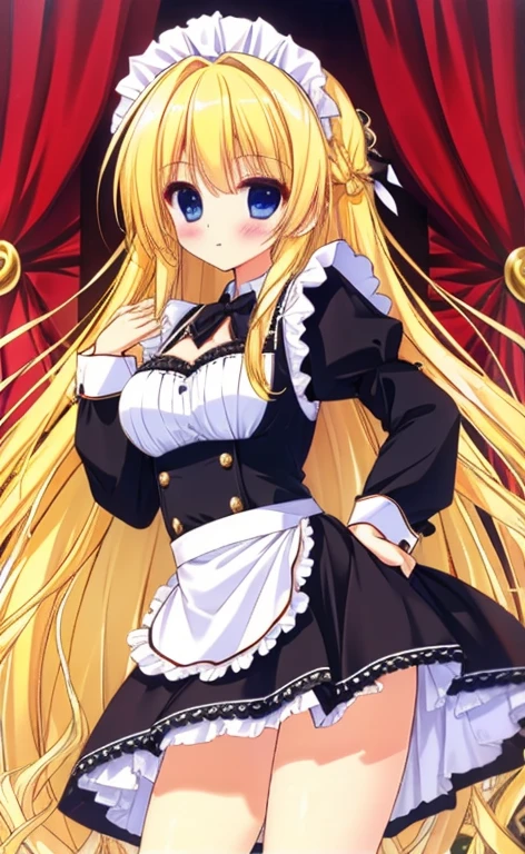Beautiful long blonde Girl in black maid outfit Long sleeve whole body Long skirt
