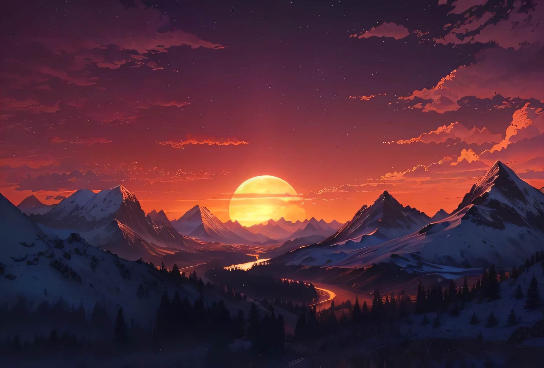 Mountains and rivers in the full moon and sunset, Highly detailed digital art in 4K, 4K Detailed Digital Art, 4k HD illustration wallpaper, 8k high quality detailed art, Sunset illustration, wallpaper 4k, wallpaper 4k, Amazing artwork in 8K, 4K Highly Detailed Art, 4K Detailed Art, Cinematic sunset, 4K Wallpapers of Movies