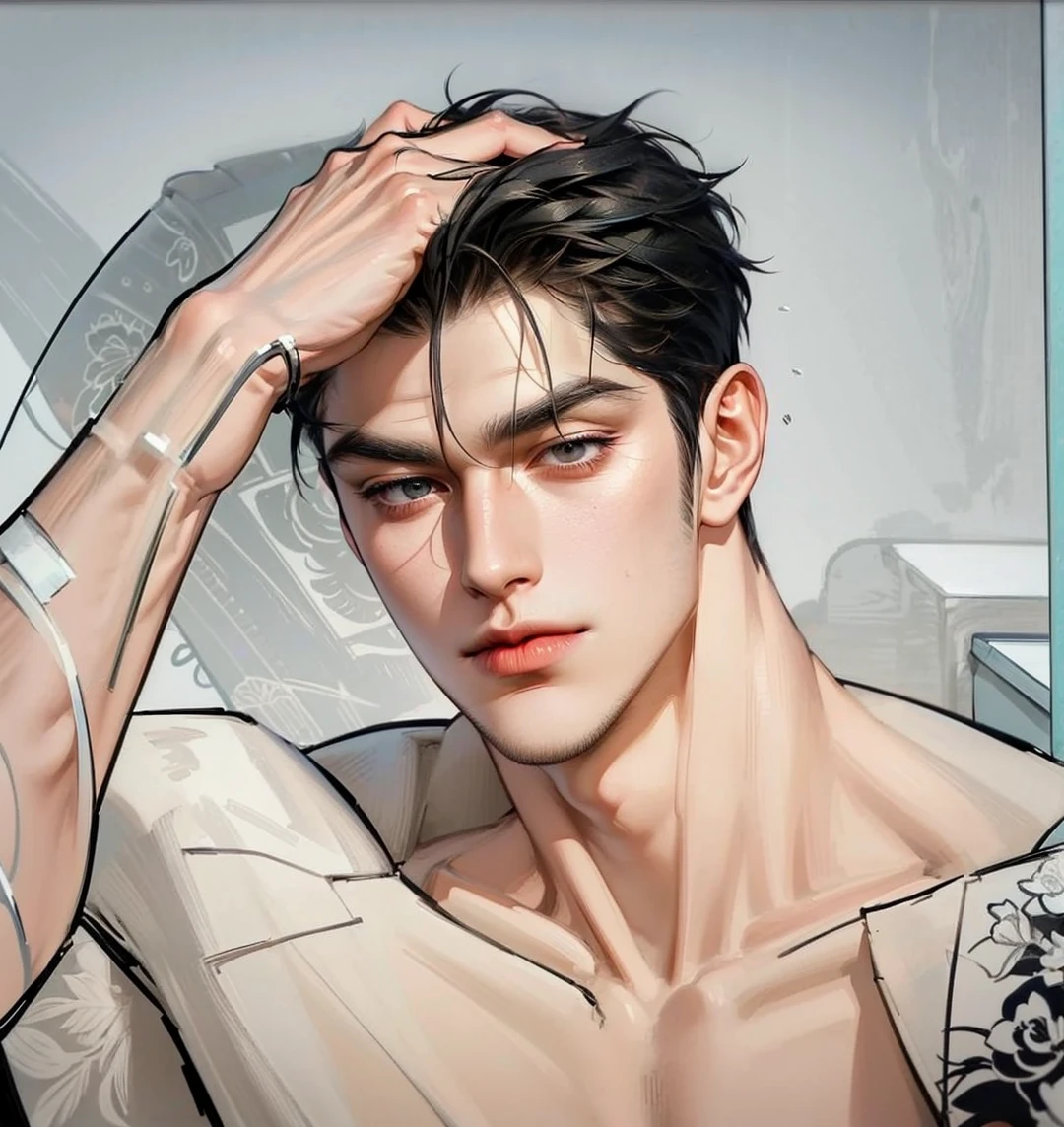 Masterpiece of man, Adult man with firm facial features like an Dutch, black eye, his nose is sharp, mature, black eyes, neat short balck hair, very handsome, white, clean, smooth skin, muscle