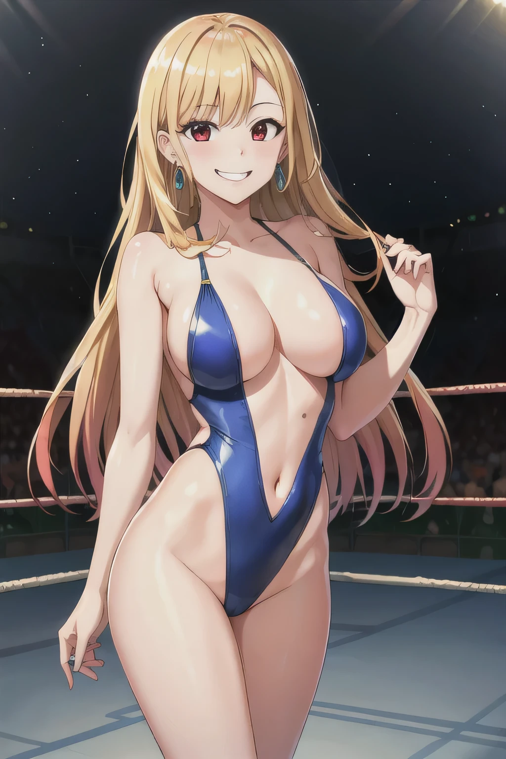 masterpiece, highest quality, High resolution, kitagawa marin, One girl, Blonde Hair, Long Hair, Multicolored Hair, Red eyes, jewelry, Earrings, Earrings, , White high leg swimsuit、Grin, smile, Are standing, Cowboy Shot, Pro wrestling,
