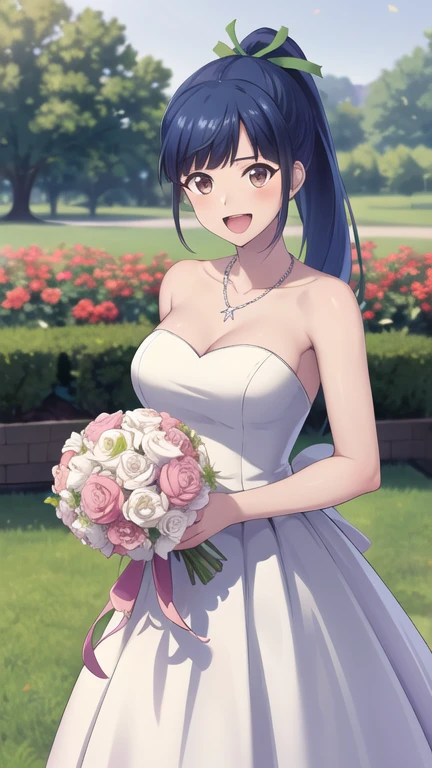 masterpiece, best quality, highres, 1girl, solo, long hair, blue hair, ponytail, hair ribbon, brown eyes, wedding dress, white dress, strapless, necklace, garden, holding bouquet, smile, open mouth, standing, cowboy shot, confetti,