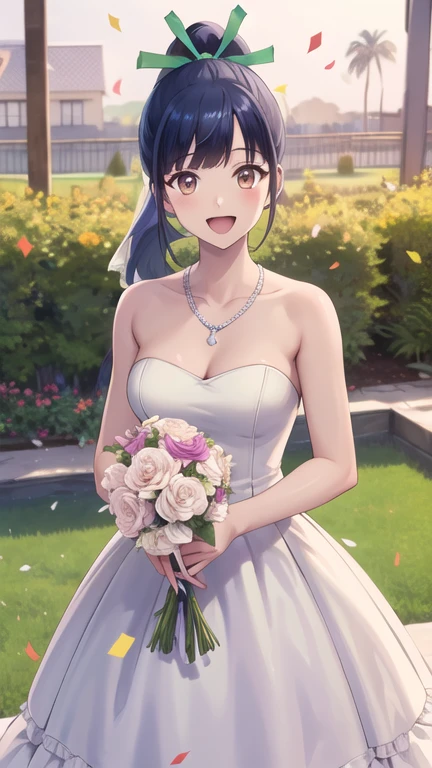 masterpiece, best quality, highres, 1girl, solo, long hair, blue hair, ponytail, hair ribbon, brown eyes, wedding dress, white dress, strapless, necklace, garden, holding bouquet, smile, open mouth, standing, cowboy shot, confetti,