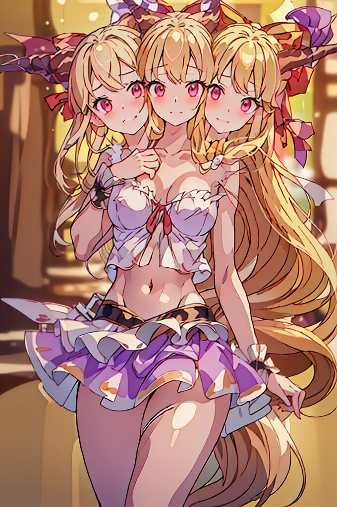 (masterpiece, best quality), best quality, (ultra-detailed), (3heads:1.5), 1girl, (suika ibuki:1.3), masterpiece, (best quality:1.5, highres, UHD), highres, absurdo, ultra detail, ultra quality, Ultra resolution, tattered pale pink top, crop top, ((stomach)), midriff, ((groin)), purple and pink skirt, normal ears, shackles, blonde hair, very long hair, wavy hair, sidelocks, red eyes, detailed eyes, parted lips, sweat, cute, toned belly, hand on own chest, eyelashes, (25 year old woman:1.3), (masterpiece:1.5), (best quality:1.5), (beautiful detailed), extremely detailed CG, extremely delicate and beautiful, depth of field, (finely detailed face), (perfect details:1.2), (mature female:1.3), wide pelvis, slender, large veiny breast, 16k resolution, very high quality, very high definition, extremely detailed, masterpiece, blonde hair, long hair, alluring presence, braid, short skirt, close up, big tits, young, two long straight oni horns on her head, decorated with ribbons, open belly, nsfw, midriff, girl with three heads,