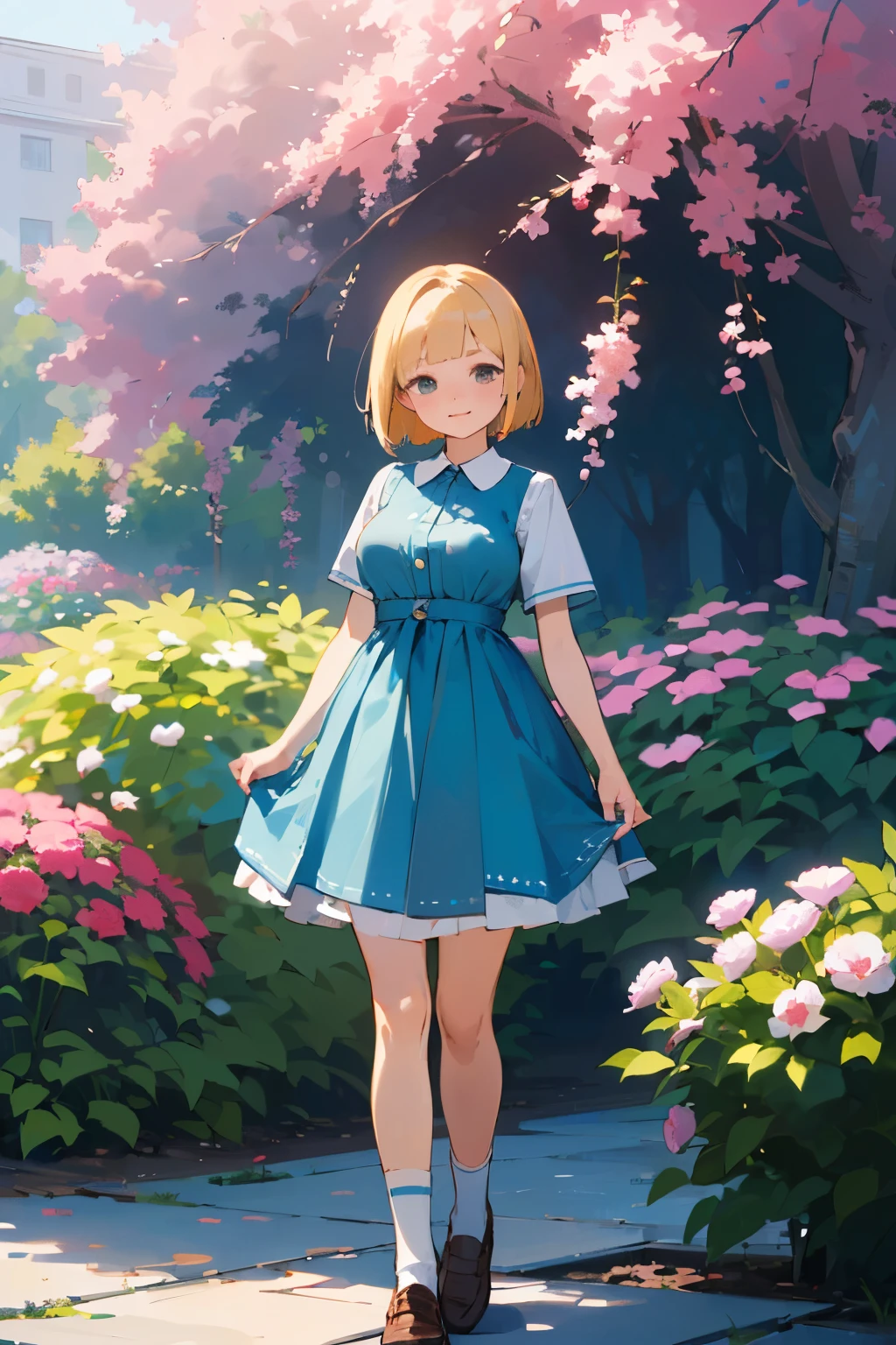 (high quality, High resolution, Very detailed, reality:1.37), Peaceful atmosphere, (Outdoor, garden), Teenage girl standing alone, (my breasts are big.), Beautiful details, Cute Smile, (Blonde Bob Hair), Blue short-sleeved dress, White socks, loafers.