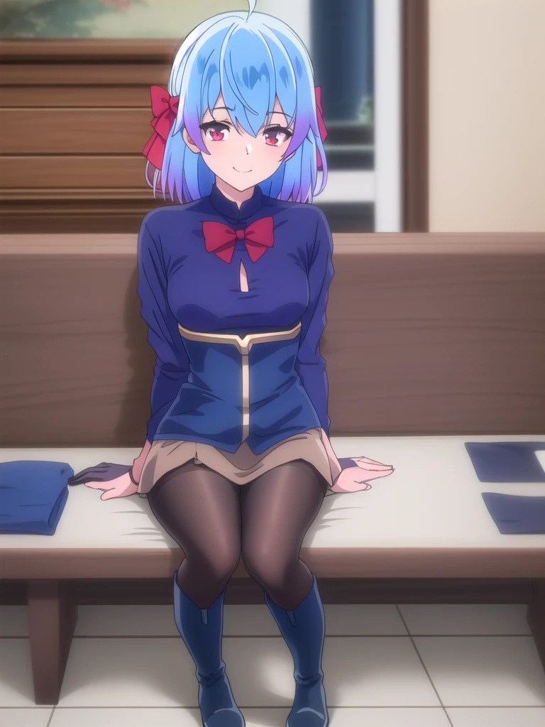 1girl, solo, detailed face,SuiseiBase, plaid beret, crown, blue star choker, star earrings, blue ascot, plaid jacket, plaid skirt, layered skirt, partially fingerless gloves, star bracelet, uneven legwear, thigh strap,(bike shorts),looking viewer,grin,small breasts,standing,indoor,from below,lift skirt,(((trembling)))