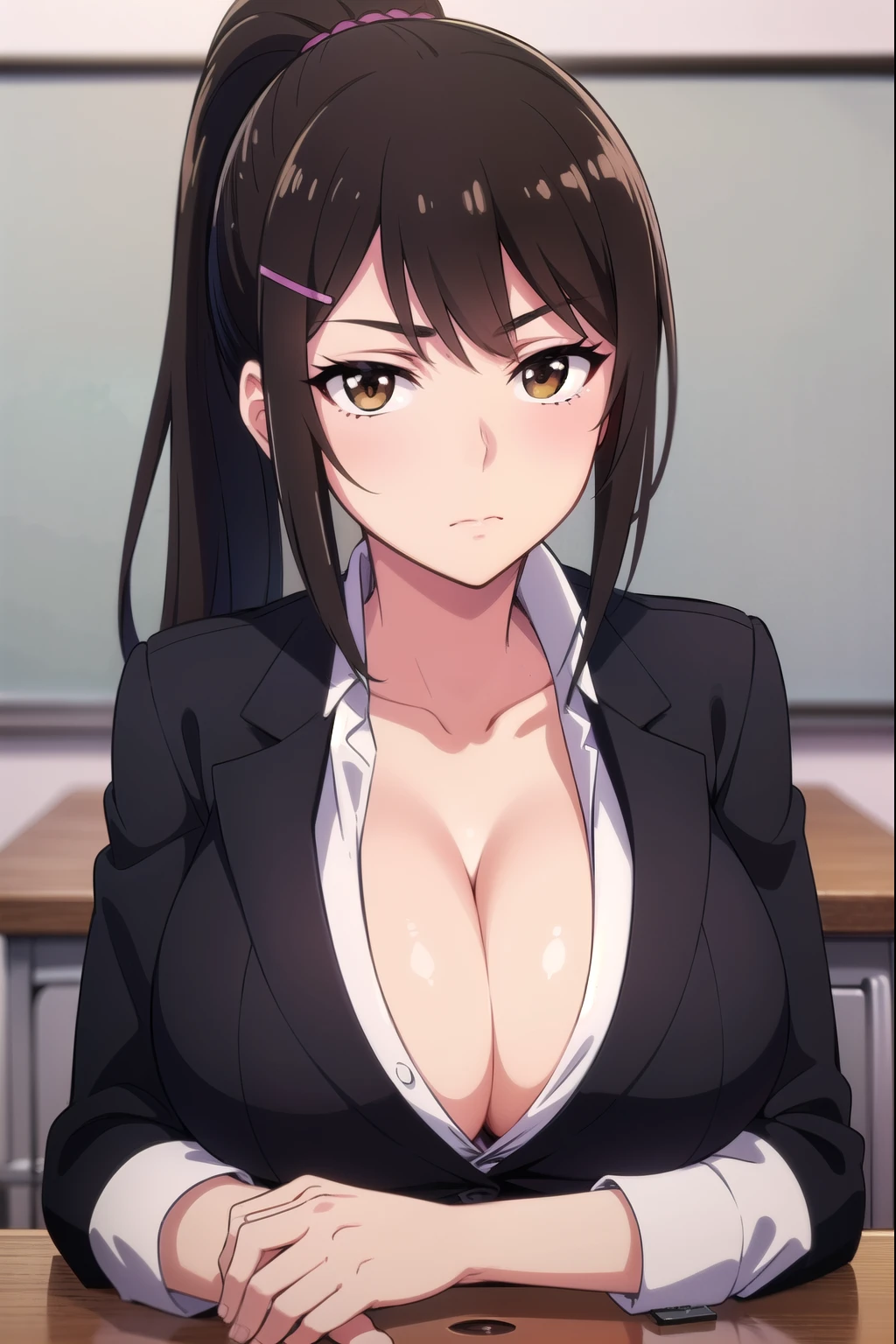 saechabashira, Chabashira Sae, One woman, Long Hair, (black hair:1.5), hair ornaments, (Brown eyes:1.3), Sharp Eyes, ponytail, Hair Clip, shirt, Cleavage, clavicle, Jacket, opened jacket, White shirt, opened shirt, formal, suit, indoors, classroom, flown, looking at viewer, (masterpiece:1.2), highest quality, High resolution, unity 8k wallpaper, (figure:0.8), (Beautiful fine details:1.6), (provocative eyes), Highly detailed face, Perfect lighting, Highly detailed CG, (Perfect hands, Perfect Anatomy), (Large Breasts:1.5), (exposed breasts), blush, (close up of chest:1.5), (rest one's chin on one's hand on the desk:1.5), smaller head, sitting, upper body