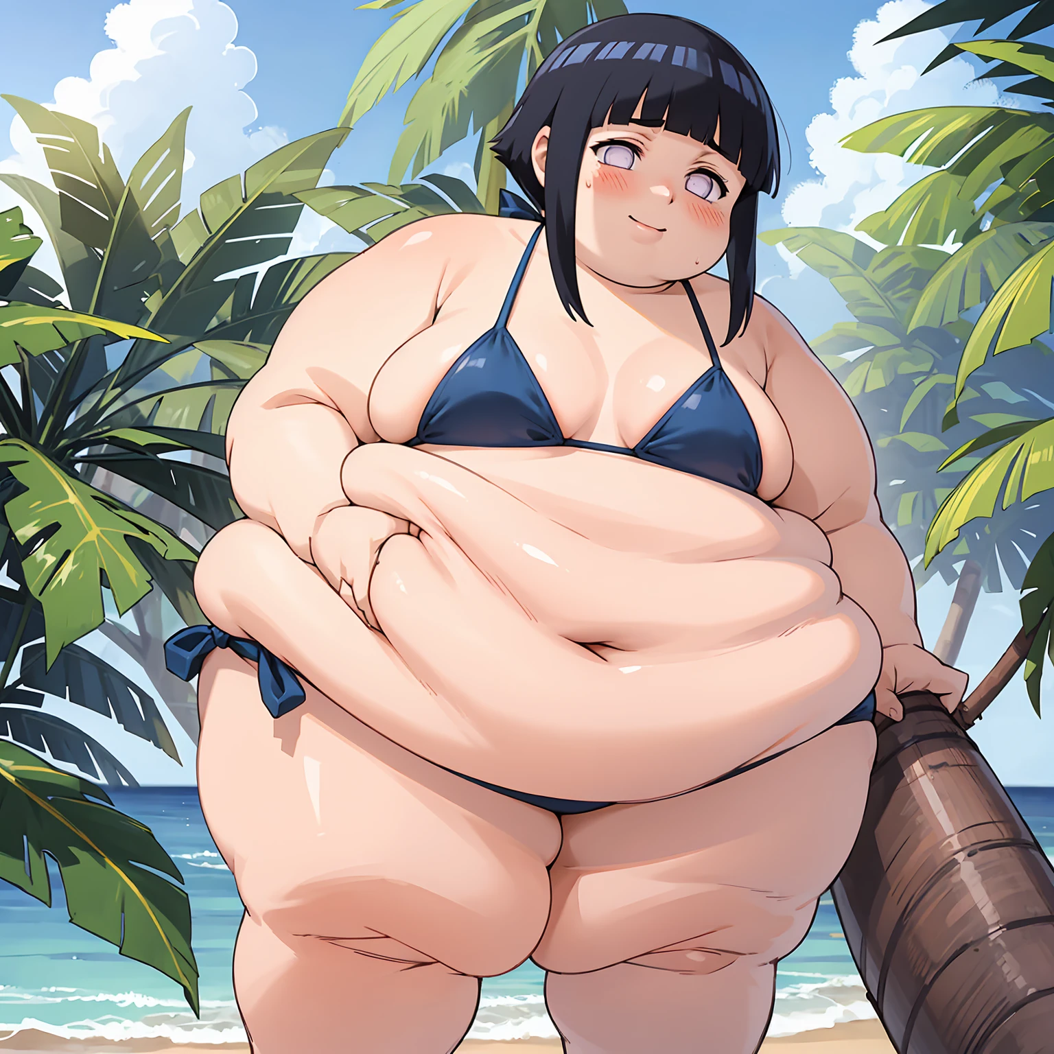 standing, shy, happy, blush, 1girl, Slob hyuuga hinata, obese thick thighs, big and fat face, big obese cheeks, small obese neck, black hair, white eyes, no pupils, small breats, blue bikini, ultra detailed, tropical beach, masterpiece, best quality, aesthetic, detailed