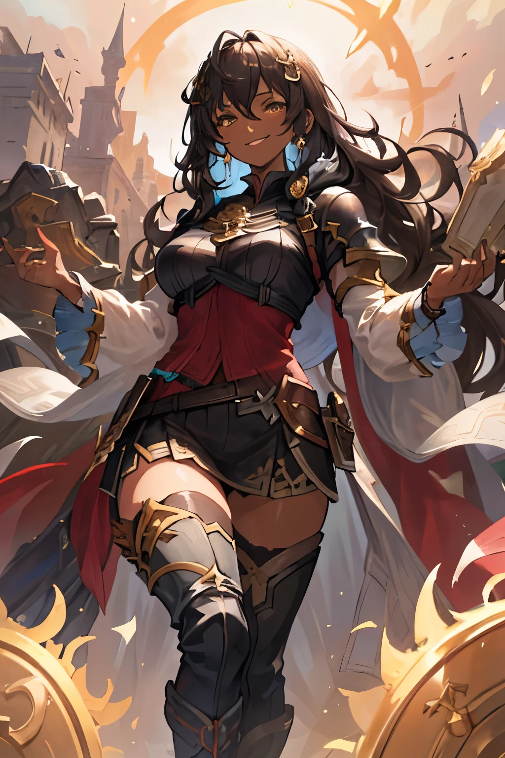 Masterpiece, Best Quality, Ultra-Detailed, 1girl, woman, mature woman, adult woman, 34 years old woman, dark skin, black skin, tanned skin, black black hair, long hair, golden eyes, yellow eyes, deep eyes, brilliant eyes, very beautiful eyes, light armor, looking at you, serious expression, smiling, granblue fantasy style clothes, granblue fantasy clothes style, high fantasy kingdom background, high fantasy clothes