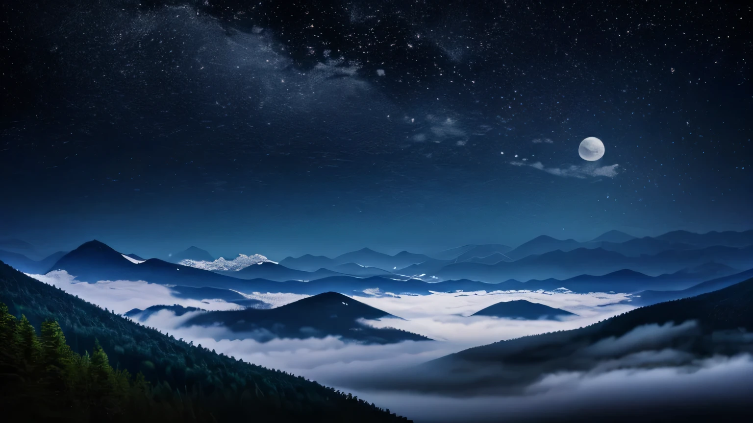 Full moon but a dark night、Moonlight and stars faintly visible through the mist、Mountain, lake, forest. 